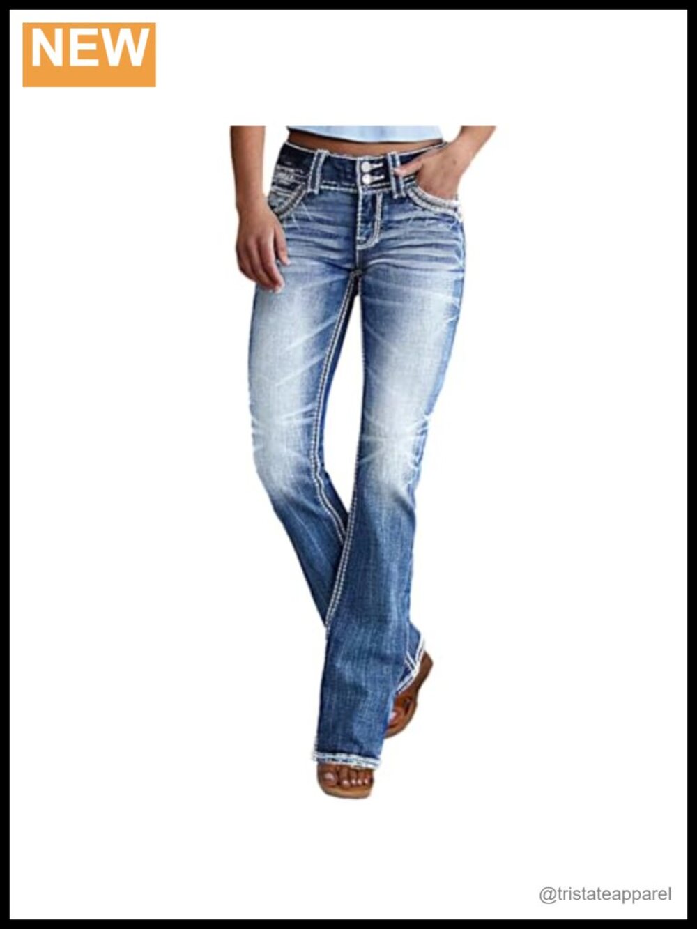 Mid Rise Bootcut Stretchy Slim Fit Flare Jeans Double Button